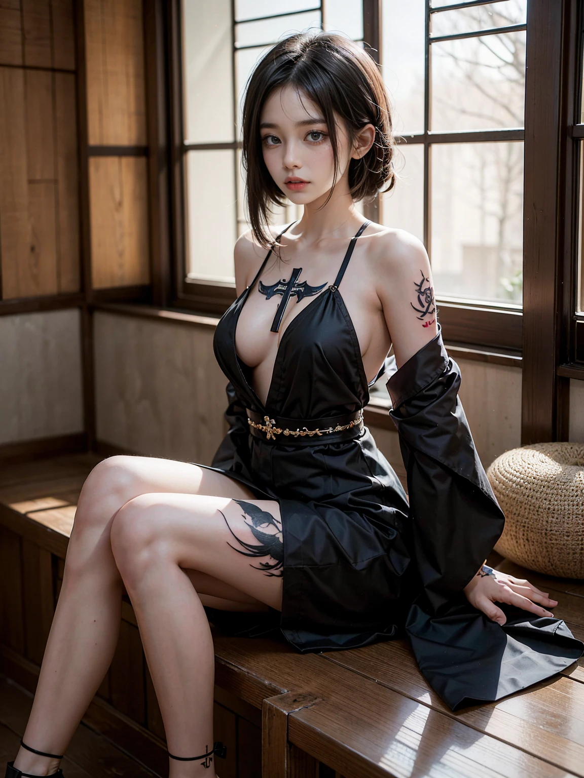 Create a highly detailed of a young woman with short, long black hair, (sitting cross-legged) in a traditional Japanese wooden room, (tattoos on chest and legs:1.3), (legs folded: 1.3), showcasing a mix of traditional and modern designs. She is wearing a black dress with a deep neckline, partially revealing her tattoos. Her expression is calm and focused, with a slight blush on her cheeks. The wooden interior, with soft natural light filtering through shoji screens, adds to the serene and contemplative atmospher