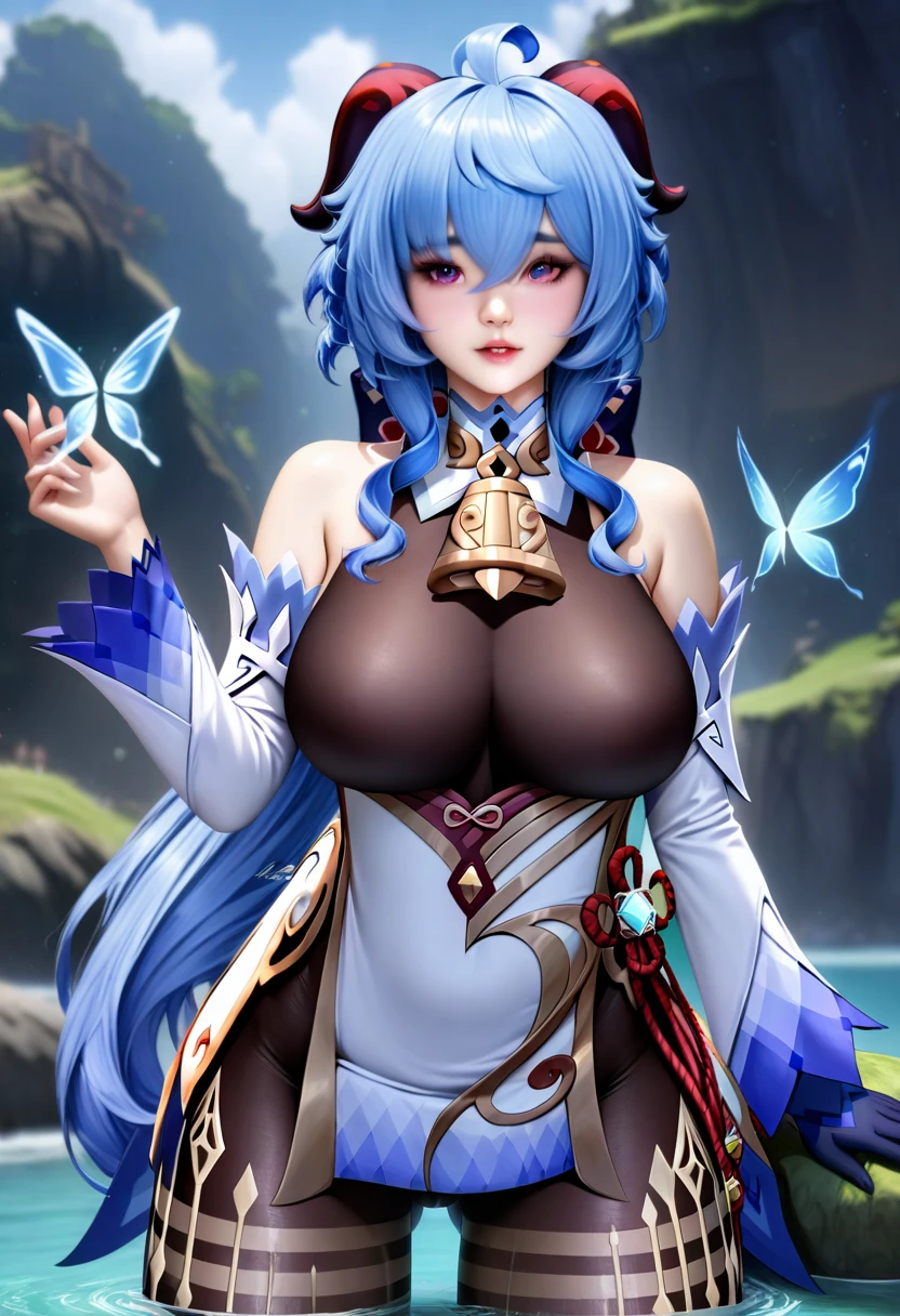 animetoreal, masterpiece, best quality, very aesthetic, absurdres, 1girl, mature_lady,,ganyu,ganyu(genshin impact), horns, short blue hair,,in an island,luminous butterflies, fluttering butterflies,
