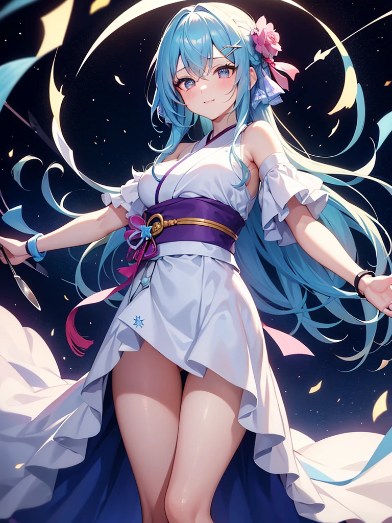 A young woman with light blue hair, star-shaped hair clip. Her hair is long and straight, with playful, expressive strands that add movement and dynamism to the piece, eating cake. Her eyes are wide and sparkling, with heart-shaped pupils that reflect the joy and excitement of her birthday. The blush on her cheeks is a soft pink, revealing her happiness and slight embarrassment at being the center of attention. She's holding a spoon with a pice cake, her excitement almost palpable, enjoy the cake. adhering to a high-quality Anime style, kimono, from the side. The piece should be in Ultra High Definition, with a resolution of 8K, making it a true masterpiece. Pay attention to anatomical correct(2), ensuring that the character's pose and proportions are accurate and believable. The skin should be textured, with high details that give a sense of realism to the Anime style. The final artwork should be of the best quality and extremely high-resolution, making every, light blue hair, Conceptual art, anime, anime style, pov, multiple views, UHD, masterpiece, accurate, anatomically correct, textured skin, super detail, high details, high quality, award winning, best quality, highres, 8k