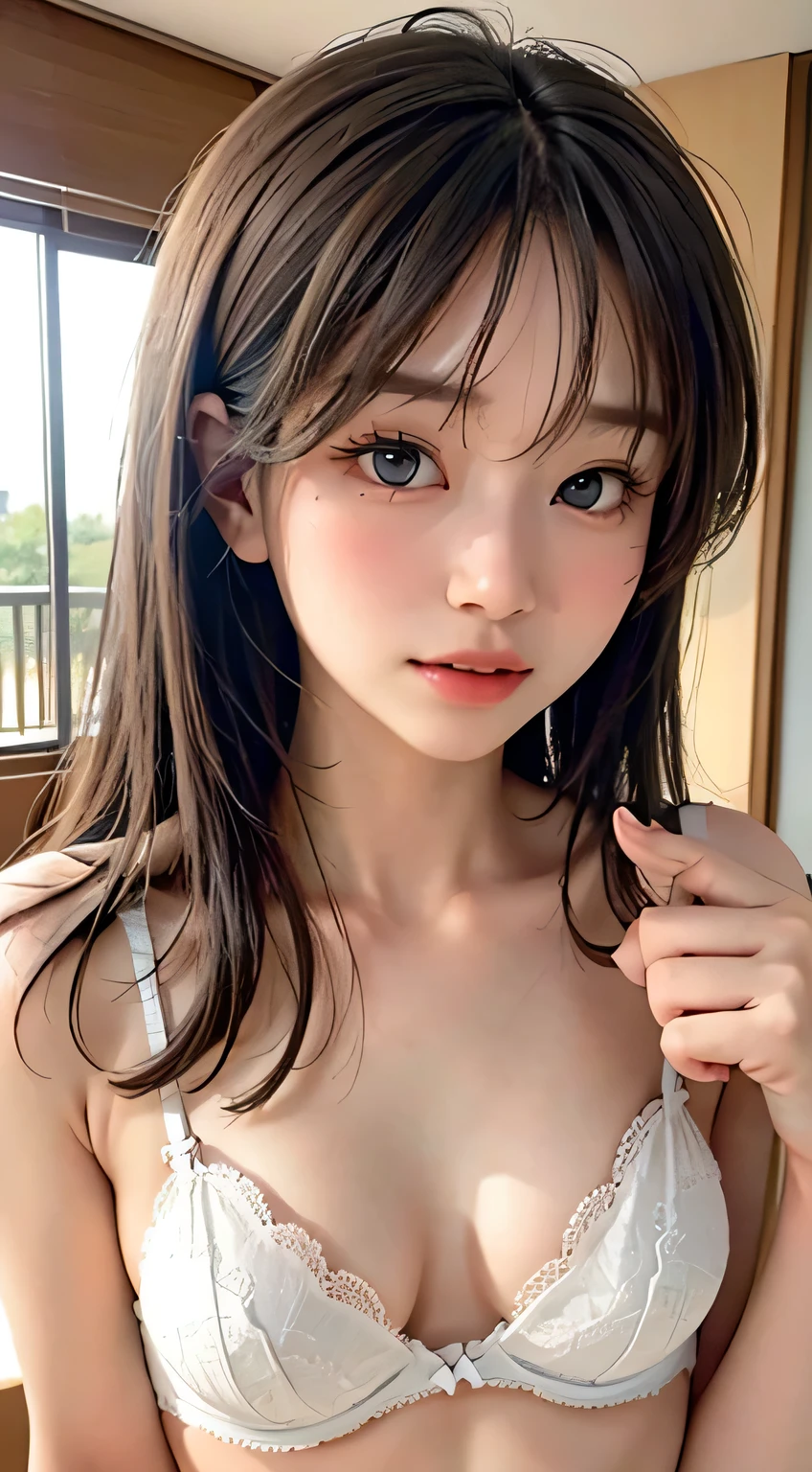 (masterpiece:1.2), (photorealistic:1.2), (best quality),((realistic:1.3)), (detailed skin:1.3), (intricate details), 1girl, dramatic, quality,realistic lighting, ponytail, medium breasts,1girl,aalisa, long hair, blunt_bangs, brown hair, grey eyes, smile,looking at viewer, highres, desert, Raise hands, Thigh, Nice hands, Detailed hands, detailed eyes, good eyes, Armpit, Thighs open wide, sit, Chair nude, naked