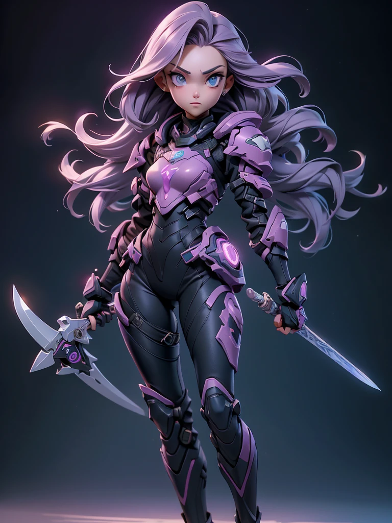((Best Quality)), ((Masterpiece)), ((Realistic)),((full body shot)) slender, cute girl with medium purple hair and vibrant grey eyes. She wears a tight-fitting, sleek suit with high-tech boots and chestplates. The outfit includes matching vambraces, all in a futuristic, high-tech design. She wields a high-tech sword, adorned with glowing lights along the blade and hilt. The girl's expression is calm and focused, complementing her stylish, advanced gear.