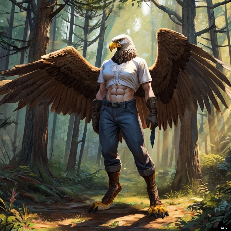 One anthro Eagle, Masterpiece, best quality, feathers on her body, comic book style, illustration, solo, abs, ferocious, feminine body, [[badass pose]], has eagle wings, masterpiece, best art, full body, digitigrade, wears farmer pants and shirt, detailed hands, tall, detailed eyes, standing in the forest, sunny day