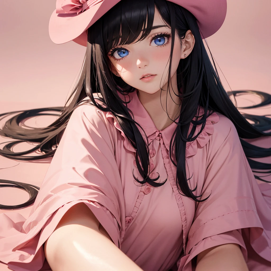 absurderes, ultra-detailliert,bright colour,(in 8K:1.3),masuter piece,extremely beautiful detailed face and eye, 25 years old,(Smooth straight black hair), (Shiny long hair),(Pattsun bangs), (Deep blue eyes) Delicate beautiful face, red blush, (wearing cute pink dress has a pink cape on), (wearing a pink beige hat), Nice Spot, laying on the ground, plain light pink background.(one person)