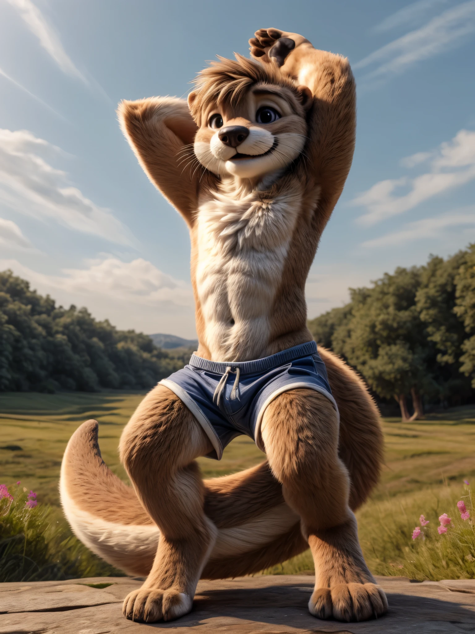 correctly eyes, wearing shorts, otter white chest fur, teenager, young, detailed fur, full body, looks cute, happy face, good morning pose, shows his paws, 1 guy, male, fluffy fur, best quality, masterpiece, detailed, highres, top quality, best quality, a wide field in the background, 1tail
