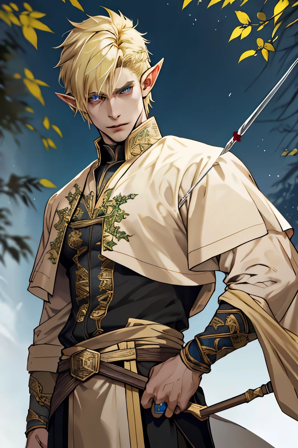 1 elf man, with pointy ears ((ranged outfit covering the entire body in role-playing world style)) ((hair blonde)), perfects eyes, best qualityer
