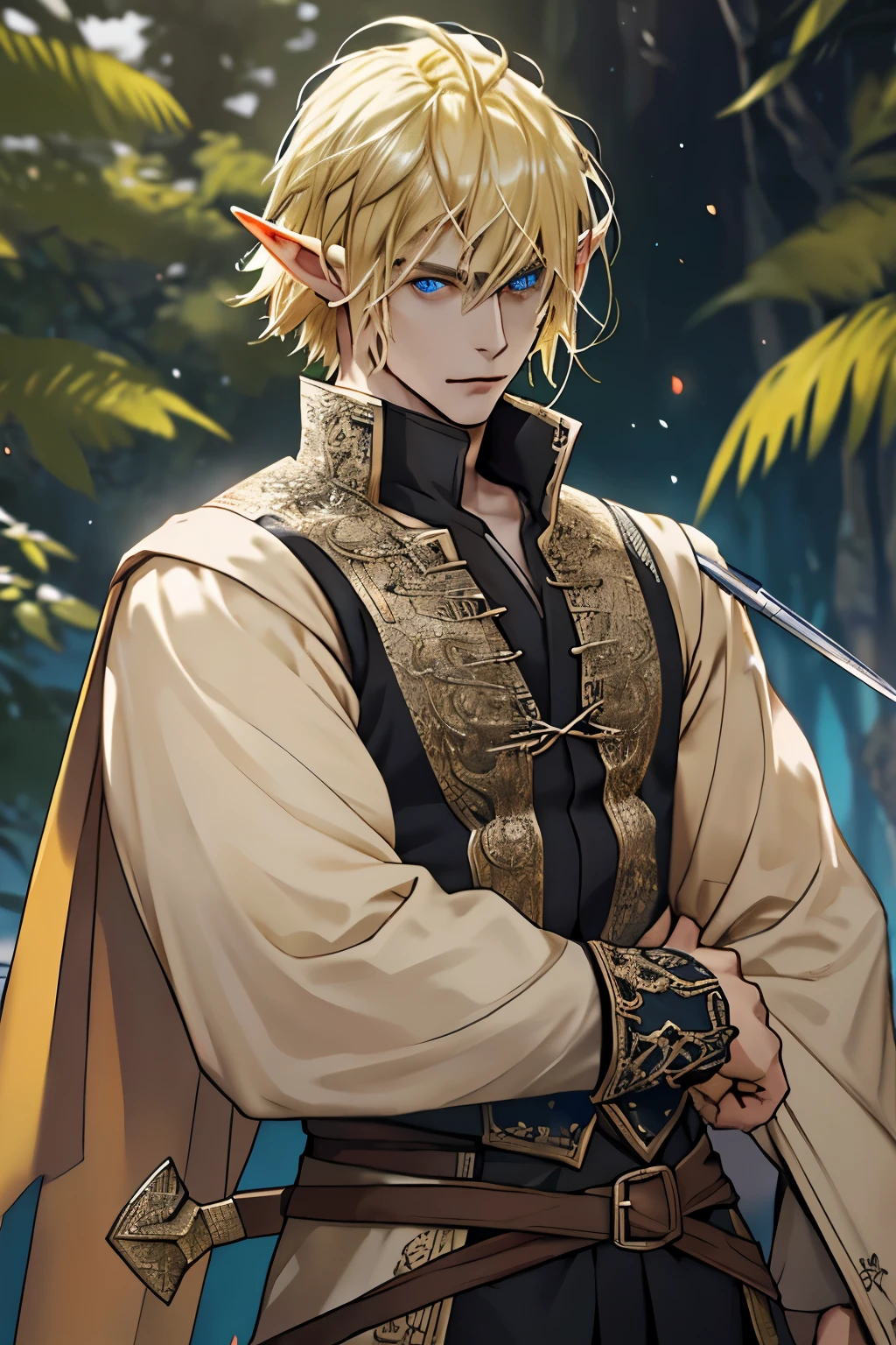 1 elf man, with pointy ears ((ranged outfit covering the entire body in role-playing world style)) ((hair blonde)), perfects eyes, best qualityer