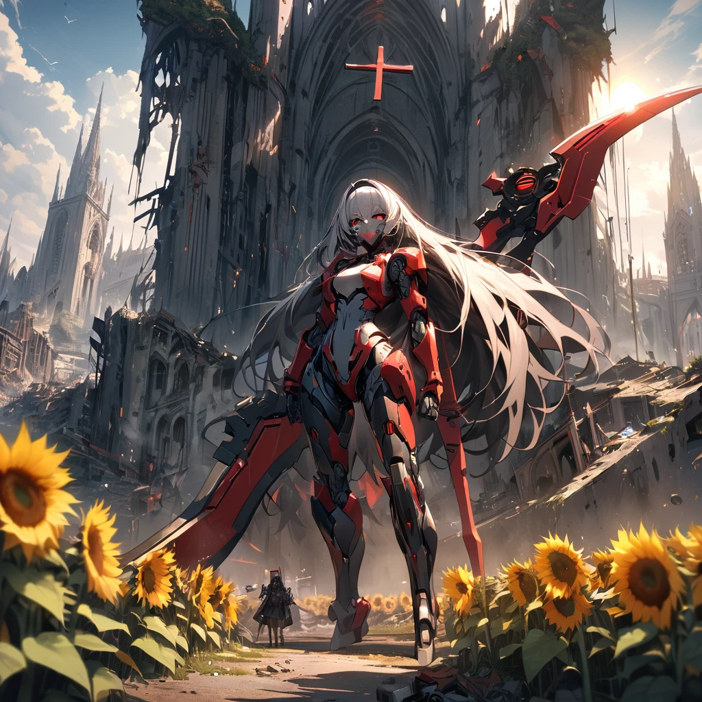 Top quality, masterpiece, high resolution, advanced mechanical technology, giant red and black mechanical weapon, cross, android, ruined city, advanced mechanical technology,giant scythe, decaying church, sun, sunflowers
