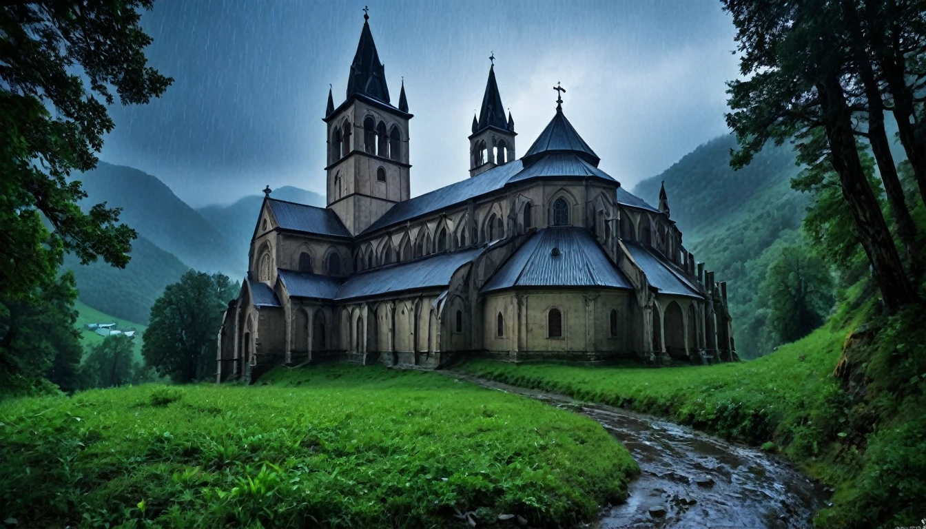 High in the interior mountains,the night with rain Image, there was an ancient monastery, Known for its Gothic architecture and haunting stories. however, What many didn't know was that, on rainy nights, the legends came to life. PICTURE REALISTIC, high resolution, 8k