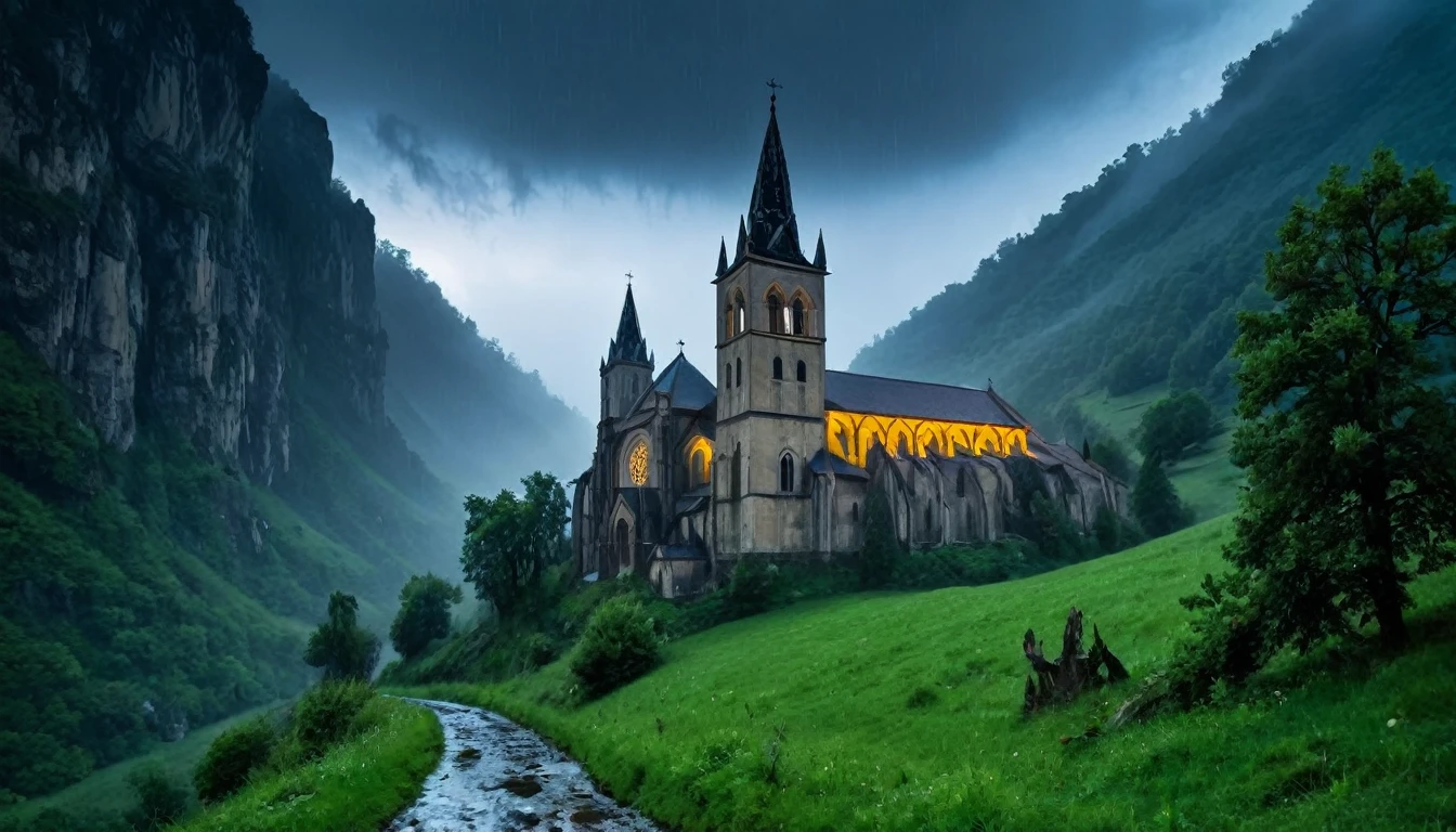 High in the interior mountains,the night with rain Image, there was an ancient monastery, Known for its Gothic architecture and haunting stories. however, What many didn't know was that, on rainy nights, the legends came to life. PICTURE REALISTIC, high resolution, 8k