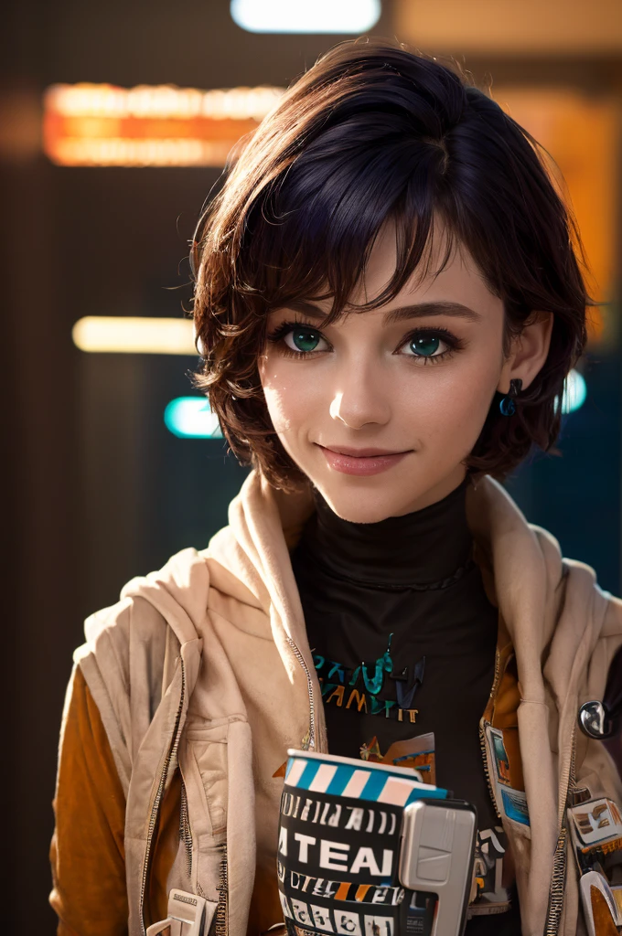 A young girl in realistic portrait of high quality and detail, vhs movie style, younger face, (dark blue hair, short hair:1.3), realistic eyes, green eyes, pale skin, She is wearing a hoodie and sleeveless, Belle (Zenless Zone Zero), happy face, glow, eye shadow, 1girl, Depth & Perspective, smiling on her face, fine face, she is standing in the video rental salon, a showcase with VHS tapes in the background, indoors, neon light from windows, looking at viewer, (ultra-high detail:1.2), Masterpiece, Best Quality, Ultra-detailed, Cinematic lighting, 8K, delicate features, cinematic, highlight lighting, cinematic, Cinematic lighting, 8K, high quality, Highest Quality, (Solo Focus), (extremly intricate:1.3), (Realistic), masterful, Analog style, (Film grain:1.5), (warm hue, cold tone), 