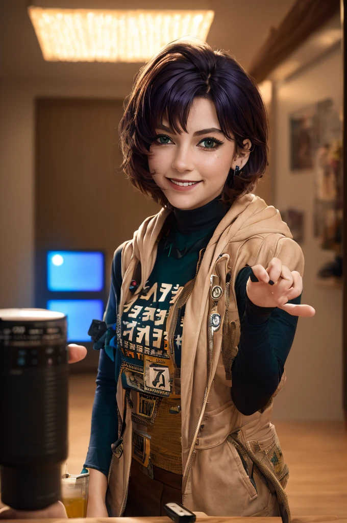 A young girl in realistic portrait of high quality and detail, vhs movie style, younger face, (dark blue hair, short hair:1.3), realistic eyes, green eyes, pale skin, She is wearing a hoodie and sleeveless, Belle (Zenless Zone Zero), happy face, glow, eye shadow, 1girl, Depth & Perspective, smiling on her face, fine face, she is standing in the video rental salon, a showcase with VHS tapes in the background, indoors, neon light from windows, looking at viewer, (ultra-high detail:1.2), Masterpiece, Best Quality, Ultra-detailed, Cinematic lighting, 8K, delicate features, cinematic, highlight lighting, cinematic, Cinematic lighting, 8K, high quality, Highest Quality, (Solo Focus), (extremly intricate:1.3), (Realistic), masterful, Analog style, (Film grain:1.5), (warm hue, cold tone), 