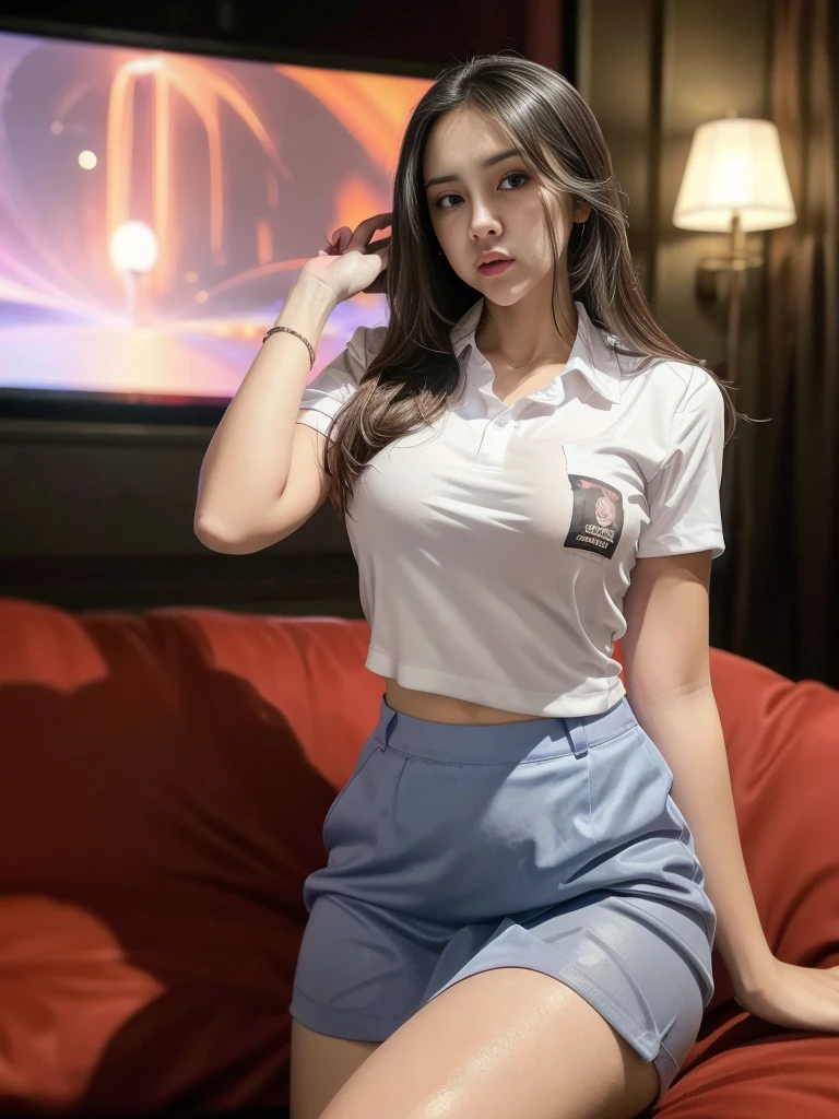 1girl, solo, (uniform), at night club, sitting on sofa, hands down, detailed realistic city scenery at the background, angry face, thick , smooth skin, tight w grey blue short skirt, looking at the audience, (zoom out:1.4), (8k, RAW photo, best quality, masterpiece: 1.3), (realistic, realistic: 1.37), ultra-high resolution