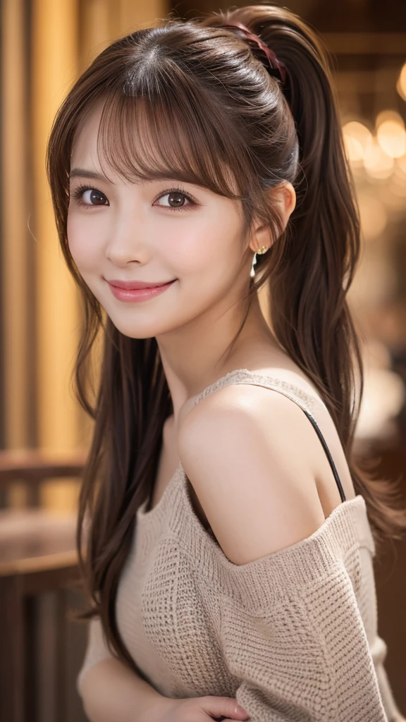 brown hair, hair over shoulder, ponytail, grin, blush, Surrealism, Hyperrealism, Verism, wide shot, UHD, masterpiece, ccurate, anatomically correct, textured skin, super detail, high details, high quality, highres, 1080P, HD, 8k