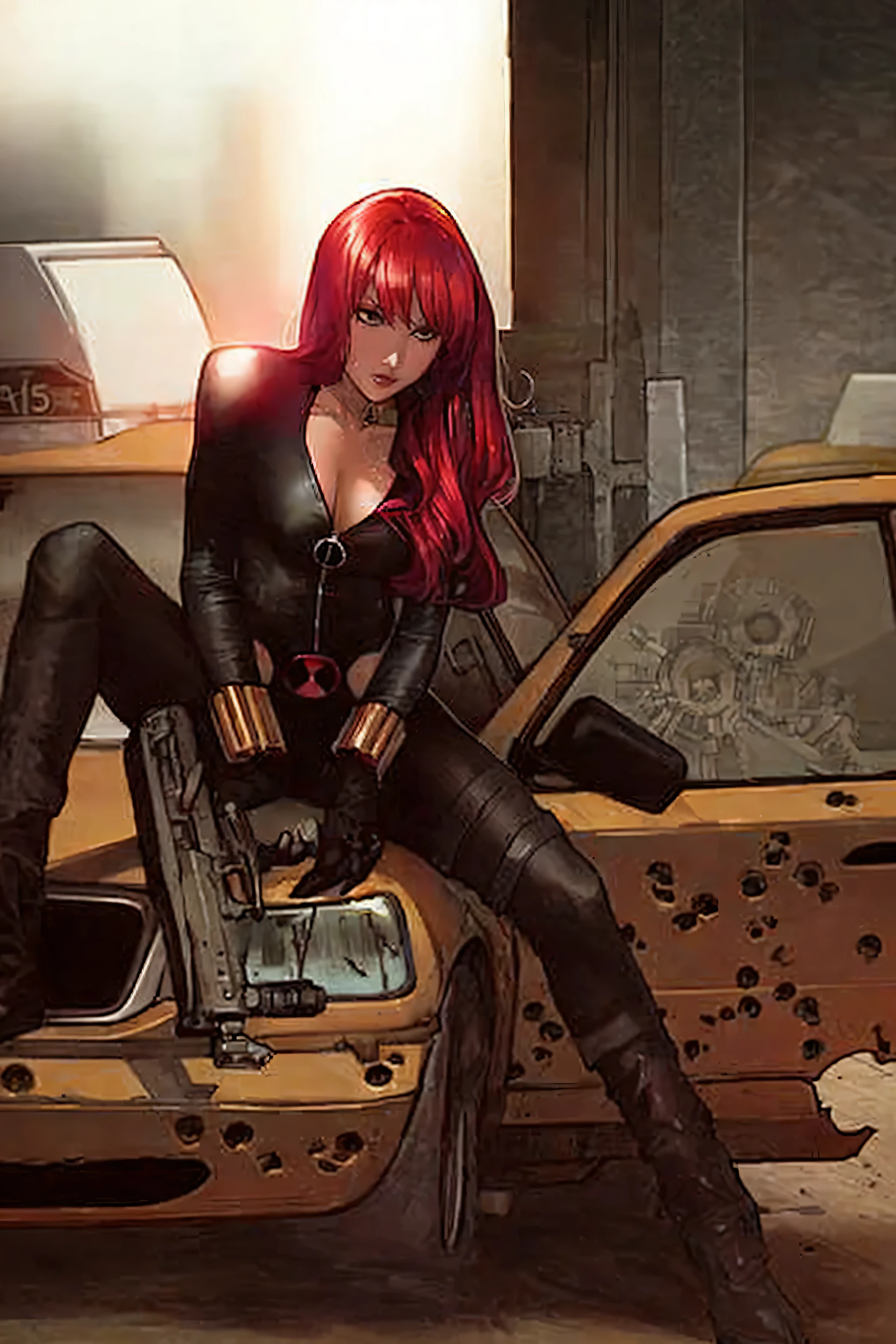 The image is an illustration of a red-haired woman dressed in a sleek skin-tight shiny black latex bodysuit with a deep-cut zipper neckline revealing a large chest, the silver zipper running down the front, sitting on the hood of a damaged yellow car, with bullet holes visible on it. The woman appears powerful and ready for action, holding a gun in both hands. The atmosphere of the scene is intense and dramatic, made even more so by the urban setting.