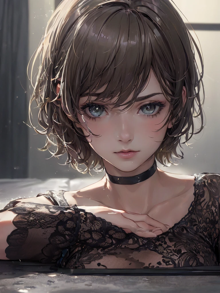(Highest quality, Tabletop:1.2, Ultra-high resolution, Realistic:1.5), RAW Photos, One Girl, Low lighting, Cool tones, A gentle gaze, short hair, Foggy atmosphere, Mysterious atmosphere, Subtle highlights, Dramatic contrast, Elegant pose, Heavenly Beauty, enchanting darkness, Attractive expression