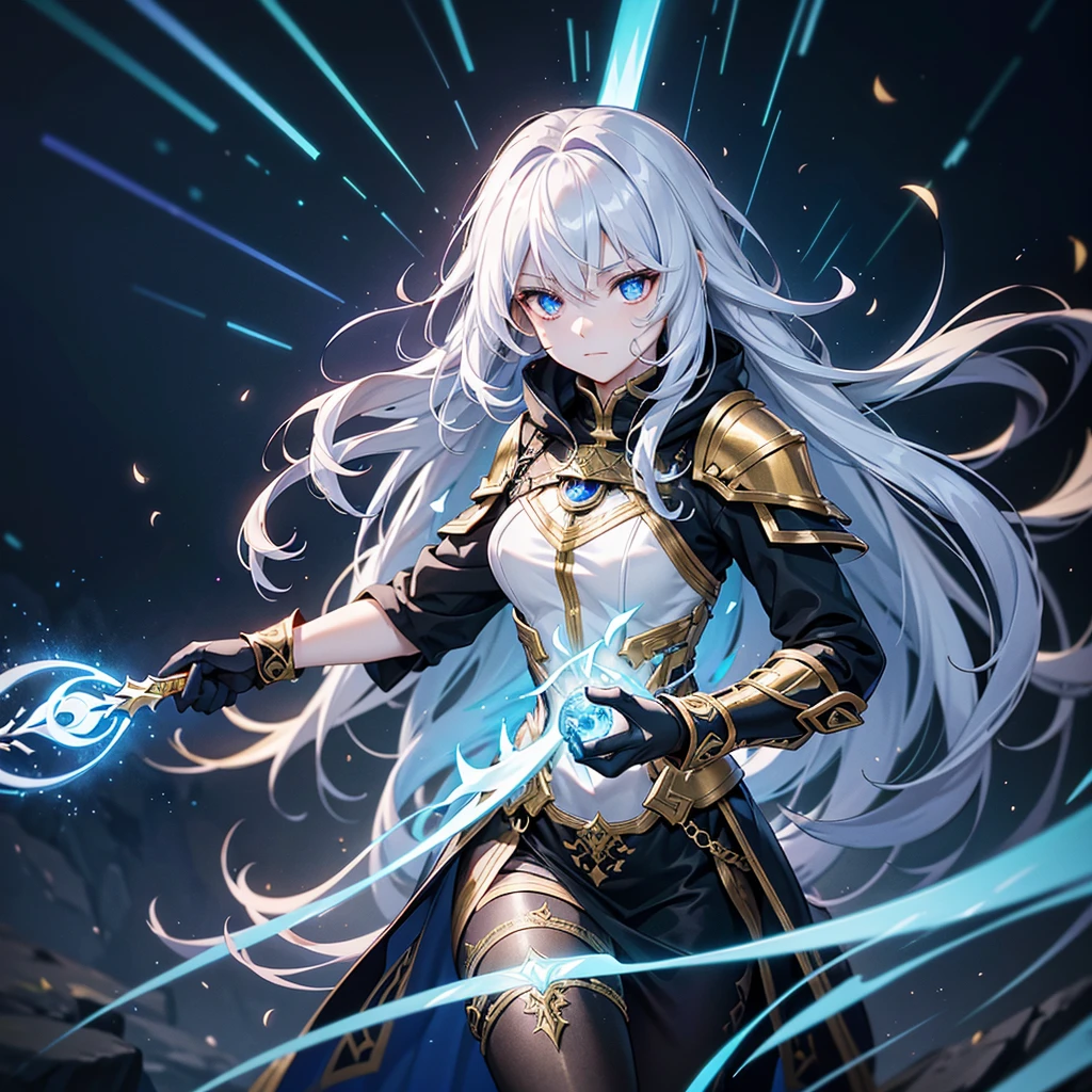 warrior with long, wavy hair that shines a deep iridescent hue, ranging from silver to dark blue. Their eyes have irises that alternate between bright gold and dark red., with mesmerizing shine. Pale and smooth ethereal skin tone, slightly lit from the inside out, with markings in the form of pulsating runes. Magical armor combining gold and black elements with a metallic finish and glowing runes. The blade it carries changes shape and color, with gold and obsidian handle. She wears a light cloak adaptable to the environment. Imposing and majestic aura reflecting the fusion of light and darkness. --v 5 --ar 16:9