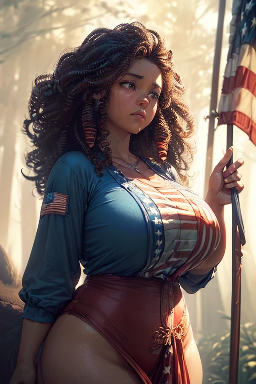 (((curvy woman))), ((brown wolf walking)), Forest fire, Raining, (((big, curvy eyes, flowing curly hair, ((american flag clothing)), red, White and blue, Natural skin, 24mm, 4k, soft cinematic light, raw photo, photorealism, photorealistic, Intricate, elegant, Very detailed, sharp focus, ((cinematic look)), calming tones, crazy details, Intricate details, hyperdetailed, low contrast, soft cinematic light, muted colors, Exposure Mix, HdR, despondent, (epic), sexy, magical, flourishing, iridescent jewels, perspiration