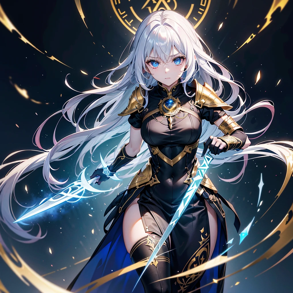 warrior with long, wavy hair that shines a deep iridescent hue, ranging from silver to dark blue. Their eyes have irises that alternate between bright gold and dark red., with mesmerizing shine. Pale and smooth ethereal skin tone, slightly lit from the inside out, with markings in the form of pulsating runes. Magical armor combining gold and black elements with a metallic finish and glowing runes. The blade it carries changes shape and color, with gold and obsidian handle. She wears a light cloak adaptable to the environment. Imposing and majestic aura reflecting the fusion of light and darkness. --v 5 --ar 16:9