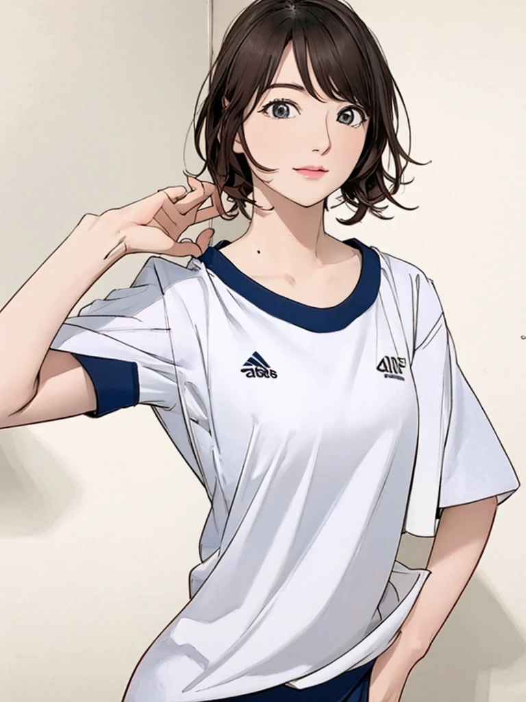 masterpiece, best quality, highres,30-year-old,Sexy pose,Unusually beautiful and large eyes,A well-balanced and toned body,(hanazawakana:1.5),((buruma:1.5)),(blue brown),gym uniform,simple background,(Very detailedな顔:1.5),((Very detailed drawing of a female hand:1.5)),(Sexy Looks:1.5),standing, cowboy shot,