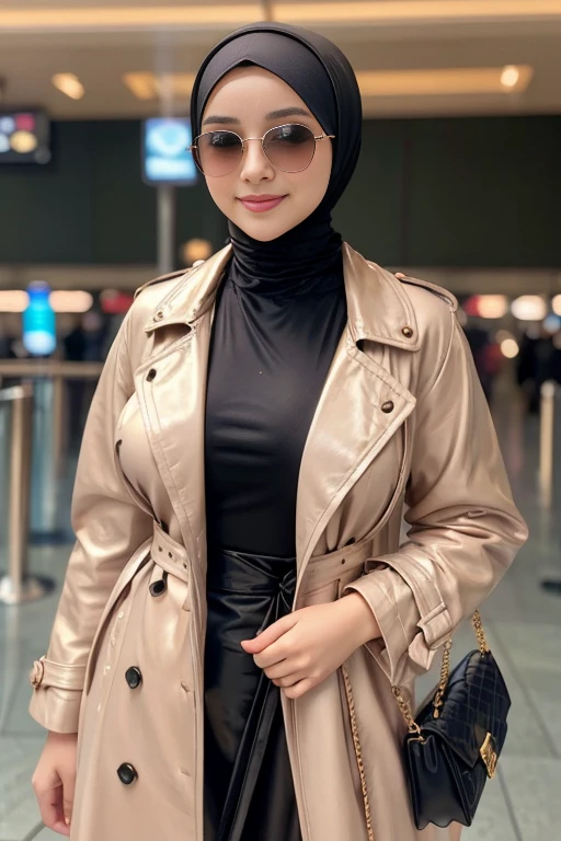Hyper realistic, Beautiful, cute Face, russian lolita Girl, (wearing hijab), rich, high fashion, elite class, wearing sexy oversize glamour leather trench coat, with glamour bag, sunglasses, slightly Chubby , buttock:1.2, White Skin, Smiling, airport Background, upper body, Perfect Potrait, Bokeh Effect, Look at Viewer, Perfect Eye, Perfect Hand, Perfect Finger, (small breast), ((adorable:1.2)), ((masterpiece:1.1)), ((bokeh:1.2)), full body view, seductive pose