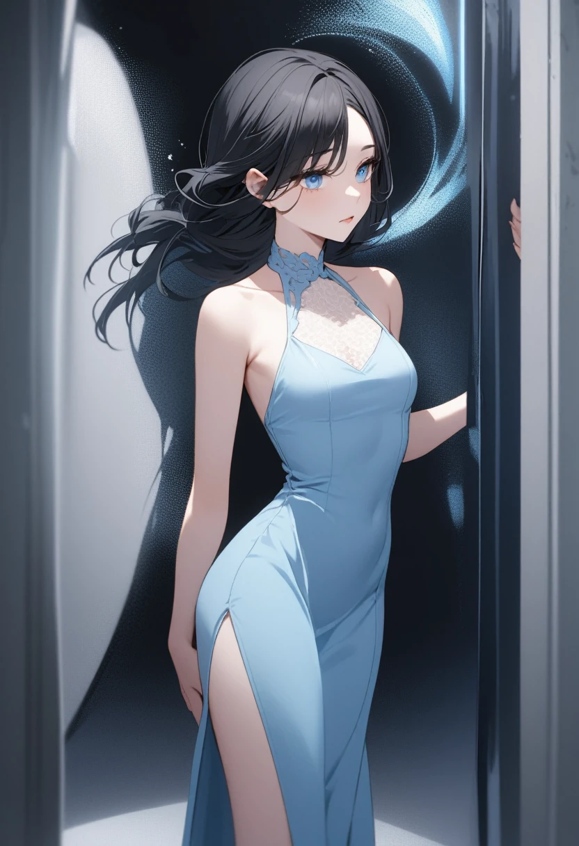 One with long black hair blue eyes fair skin wearing a light blue bodycon dress