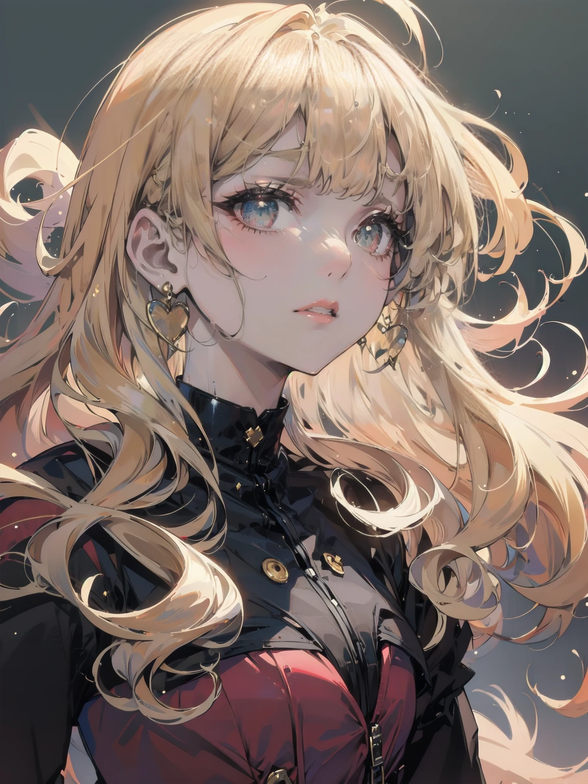 Dots are、Bright pink cheeks、she has chin-length, curly, golden blonde hair with wavy bangs.、she'Dark skinned girl。. she is wearing a bright red headband with a ribbon on the right side of her head.. Dots are、she wears a shiny pastel blue and scarlet red dress with a small ribbon belt around her waist。, white collar, 4 crimson buttons, Bright red lining. sheのドレスの下には赤と淡いブルーのチュールスカートがある.. she also、Red top with white socks、she is wearing carnation pink high-top sneakers with bright red shoelaces.。. Shine; Glitter