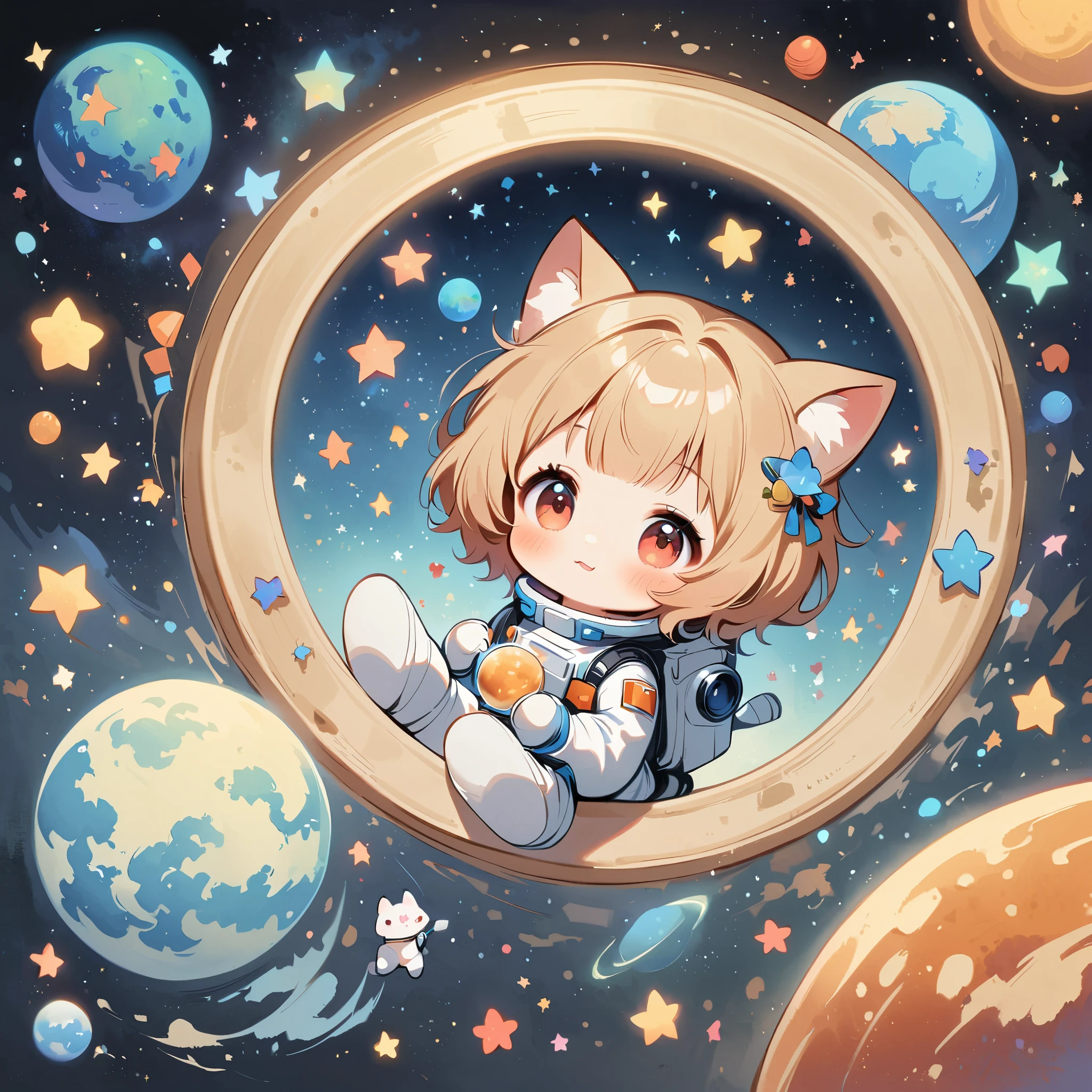 Girl in spacesuit floating in space, surrounded by the Milky Way, the universe , cutely.  กินขนม เจอเอเลี่ยน