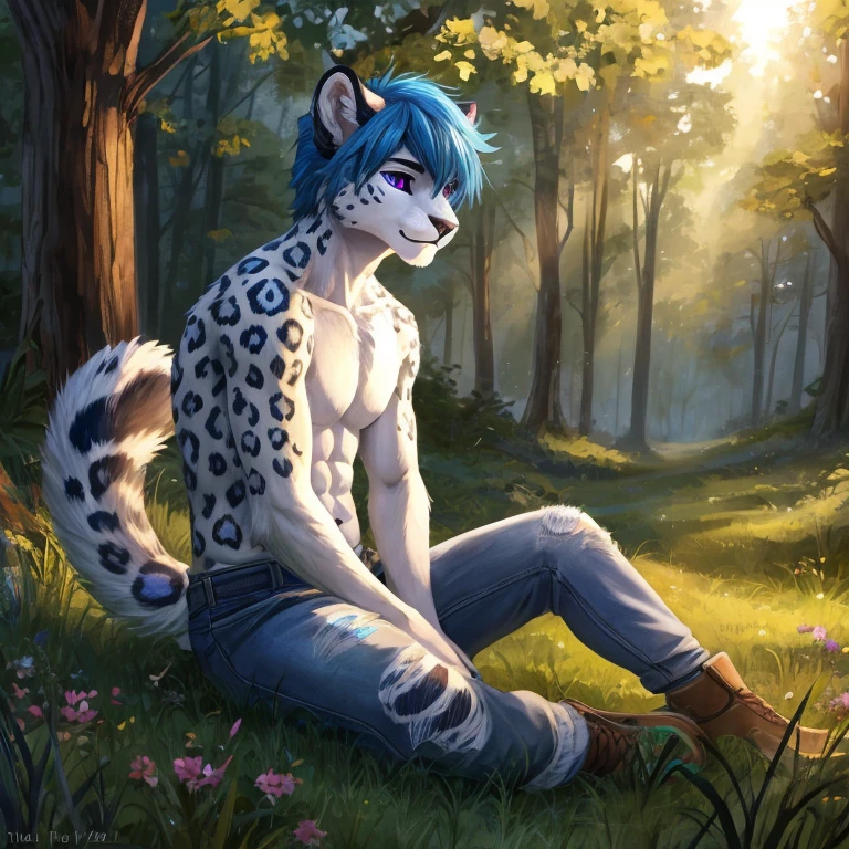 Masterpiece, best quality, high quality, One male anthro White leopard, solo, in the forest, wears topless outfit, wears blue t-shirt with farmer jeans, medium length blue hair, has dark purple eyes, sitting in the grass, sunny day