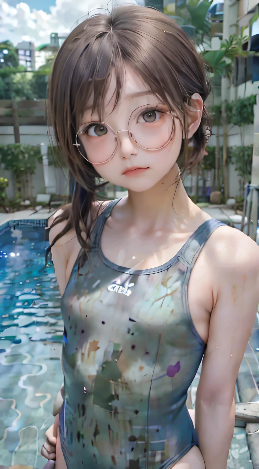 Highest quality, RAW Photos, Realistic, face, Incredibly beautiful girl, cute, length Hair,ponytail，Glasses，Written boundary depth, High resolution, Super detailed, detailed, Very detaileded, extremely detaileded eye and face, Sharp pupils, Realistic students, Sharp focus, Cinema Lighting, Japanese, Short Woman,  Physical build, Short arms, length, Narrow eyes, Fleeting atmosphere, 30 years old, Brown bob hair, ((thin lips)), White top and bottom underwear, masterpiece, Highest quality, Detailed skin, Detailed face, fine grain, 8k, Excellent anatomy, Upper body portrait，flat breasts, small breasts, small,( small bust: 1.2), small bust, (slim, small, flat, small), thin, Delicate and sexy collarbone, One Girl, (beautiful girl, Delicate girl:1.3), (15 years old:1.3),
BREAK, (One Piece Swimwear, Swimwear:1.2),
BREAK, (Pool:1.3),
BREAK, Very beautiful eyes, (Symmetrical eyes:1.3),
BREAK, Small Chest, Brown eyes, Parted bangs, Brown Hair, (Upper teeth, The best smile:0.2),
BREAK, (Eyes and face detail:1.0),
BREAK, (masterpiece, Highest quality, Super detailed, Detailed face, 8k)