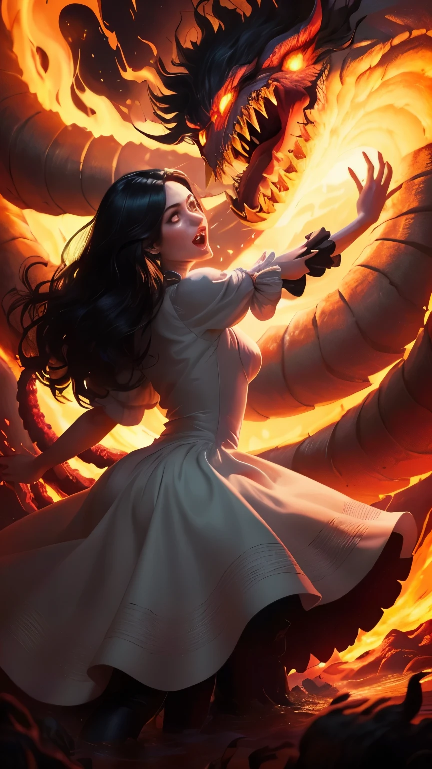 ((best quality)), ((masterpiece)), (detailed), A digital illustration of a long black haired woman wearing a full white princess dress throwing the head of a giant monster made up of writhing worms, with sharp teeth and glowing red eyes. The background is lava