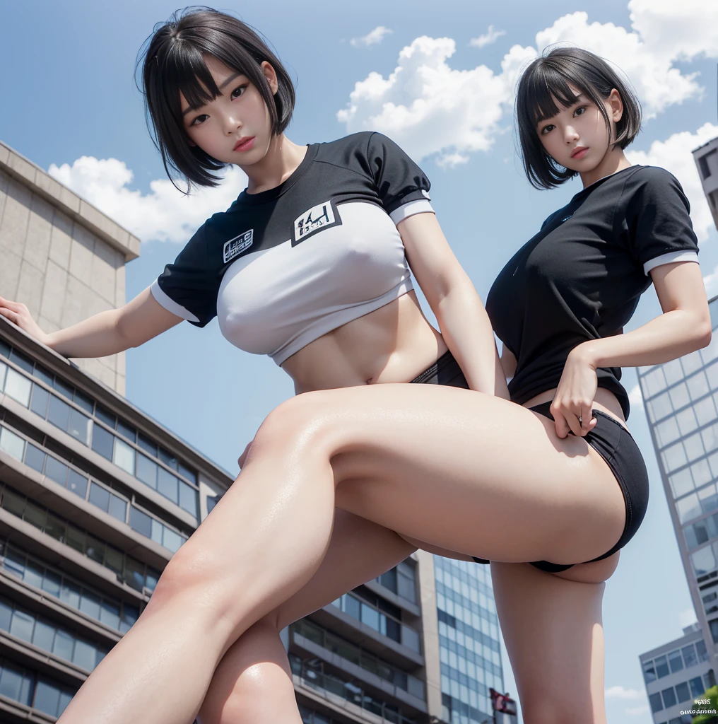 Highest quality，masterpiece，Ultra-high resolution, Very detailed, 8k，A beautiful  Japanese girl:1.5, Small face, Black short hair, blunt bangs, Breast Augmentation Surgery, Very tall giant sits on building in city、　(School-designated gym clothes:1.1, Bloomers), (Angle from below:1.2)