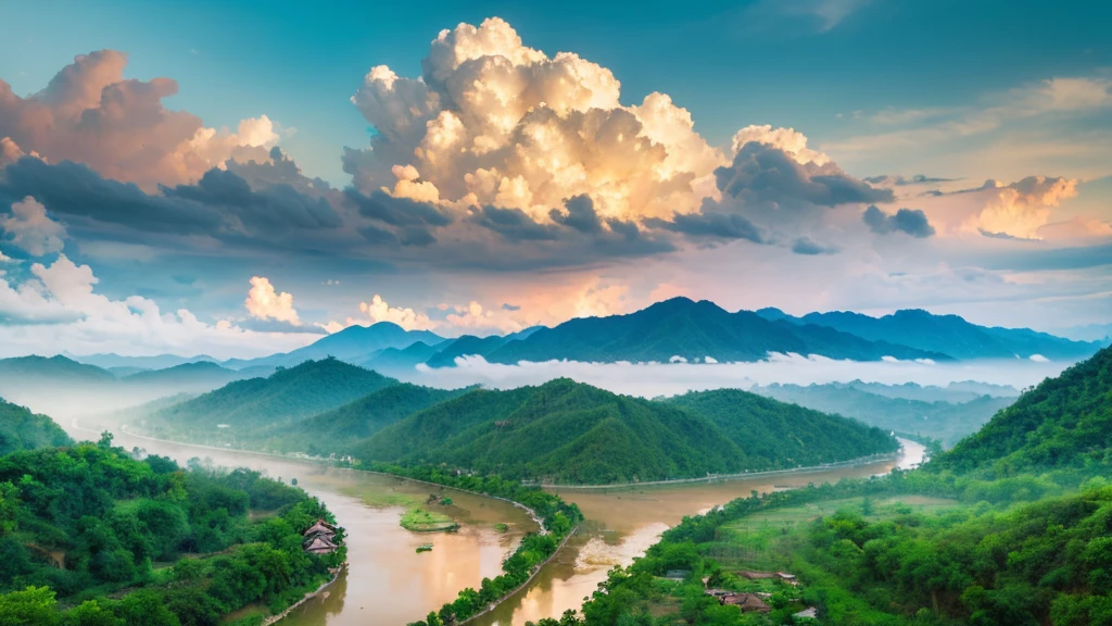 Natural beauty, Ancient village of Thailand. river, mountain. cloud, Temple. Aerial view,mystical beauty, 8k