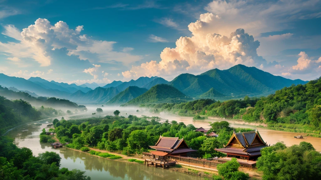 Natural beauty, Ancient village of Thailand.  river, mountain. cloud, Temple. Aerial view,mystical beauty, 8k