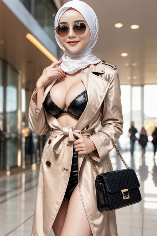 Hyper realistic, Beautiful, cute Face, russian lolita Girl,aring hijab), rich, high fashion, elite class, wearing sexy oversize glamour leather trench coat, with glamour bag, sunglasses, slightly Chubby , buttock:1.2, White Skin, Smiling, airport Background, upper body, Perfect Potrait, Bokeh Effect, Look at Viewer, Perfect Eye, Perfect Hand, Perfect Finger, (small breast), ((adorable:1.2)), ((masterpiece:1.1)), ((bokeh:1.2)), full body view, seductive pose