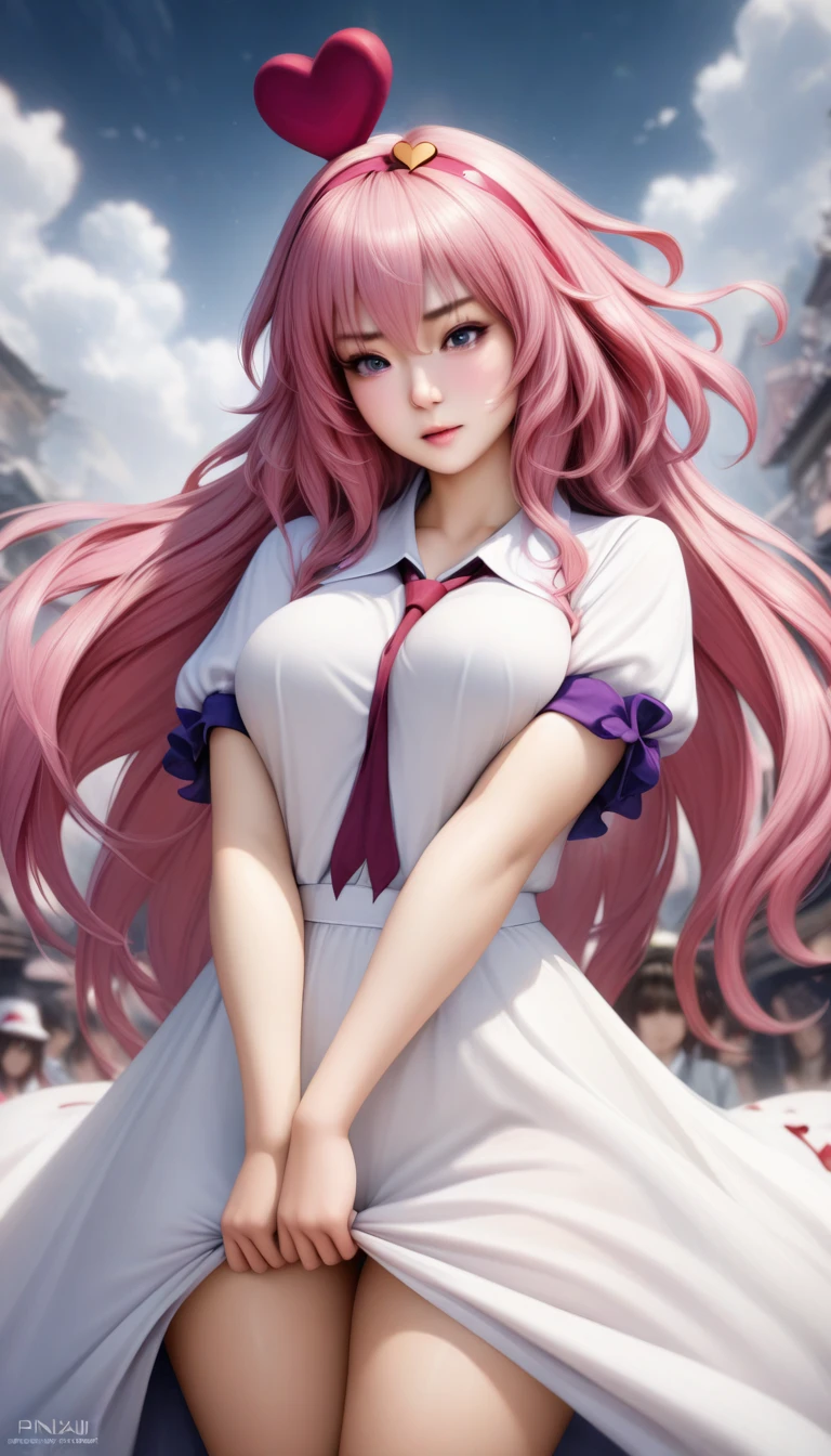 animetoreal, masterpiece, best quality, very aesthetic, absurdres, 1girl, mature_lady,,komeiji_satori(touhou), pink_hair, hairband, heart_hair_ornament,,in heaven,floating_hair,