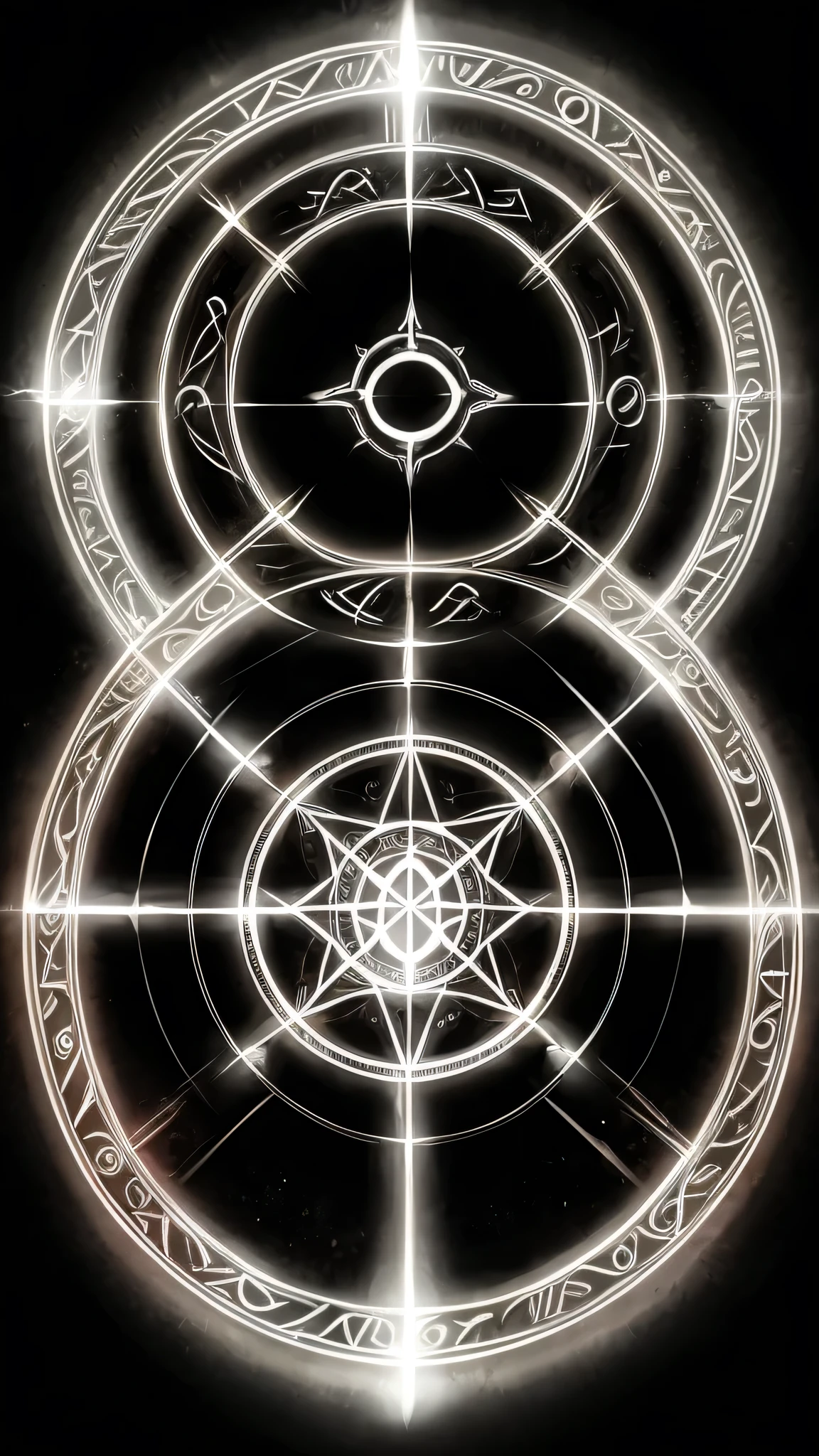 Empty Background, Magic, strings of light, a magic circle, Strings making a circle, runic letters, dark and silver magic aura, no-person, no character, just magic, surrounded by darkness 