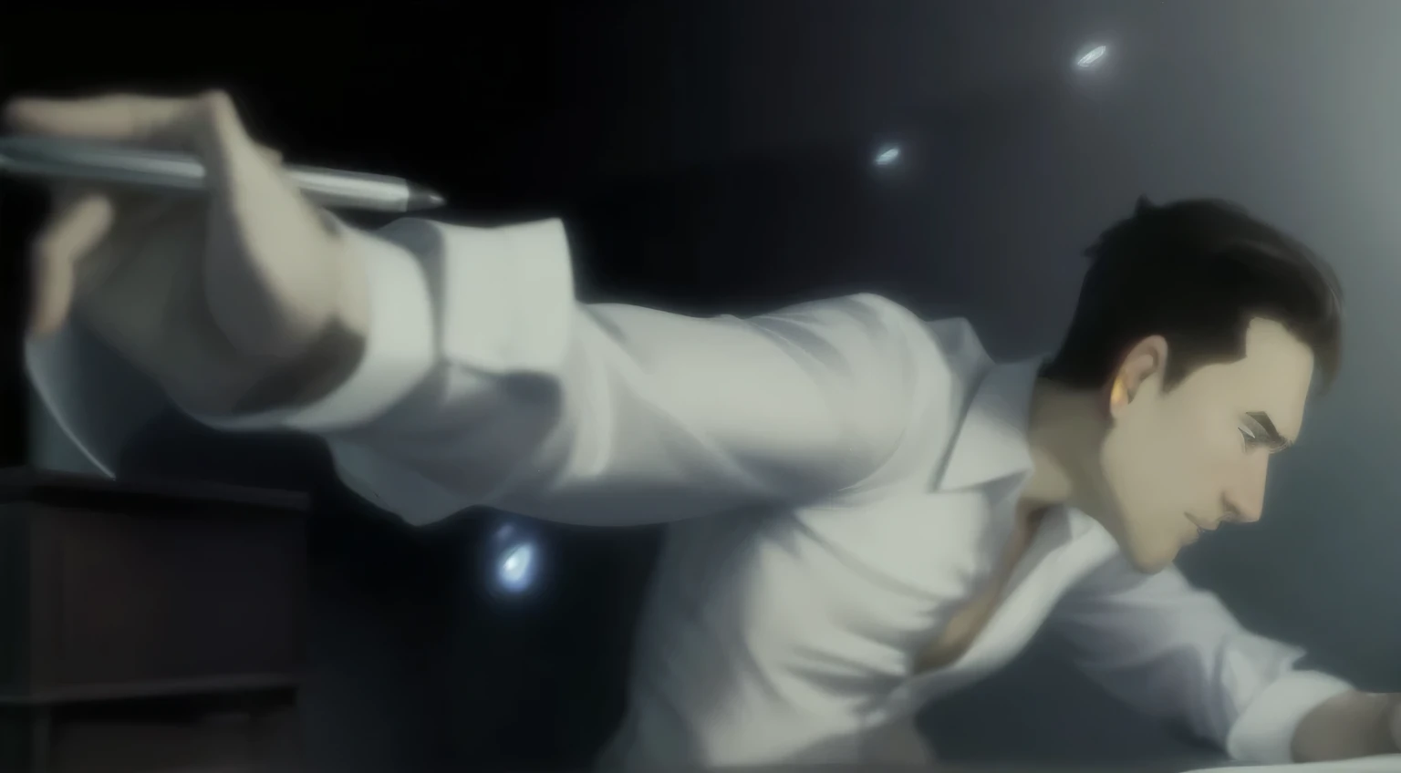 a muscular man in a white dress shirt, writing, pointing a pen in his hand, ultra-detailed, highly realistic, cinematic lighting, dramatic angle, moody atmosphere, muted color palette, oil painting style
