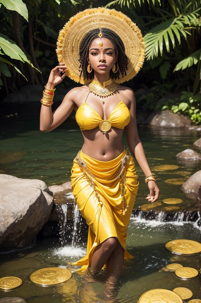 create an image of Orixá Oxum. She must be represented as a beautiful African woman, dressed in traditional clothes in shades of yellow and gold, adorned with shining jewels. It must be in a lush natural setting, surrounded by fresh water, like a river or a waterfall. Include elements that represent wealth and fertility, like gold coins, flowers and fruits. Her expression should be serene and loving, reflecting her maternal and protective nature.