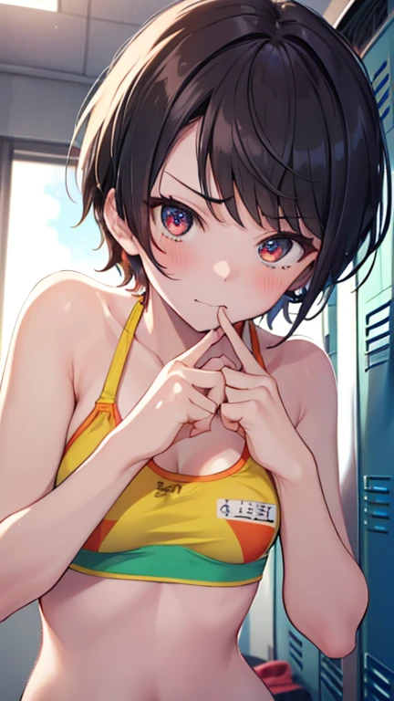 One Girl , Show your forehead、(Distorting the mouth、Glare、recording、Bring your face closer)、Looking down、Redhead、、all of four、tears、Voice of the Heart、boyish:1.4, short hair, (Red eyes),Bad mood、look up、Bad moodになる、,((Browsing Caution,,school Swimwear、locker room、 Swimwear)),Real Summer,Daytime,sunny、Upper Body:1.2,、Slender body,
Destroy outdoors, locker room、,
壊す looking at viewer,Small breasts、Beautiful breasts,On all of fours,Mid-chest,whole body,Breaking the angle from above (masterpiece:1.2), Highest quality, High resolution,, (shape:0.8), (Beautiful details:1.6), Highly detailed face, Perfect lighting, Extremely detailed CG, (Perfect hands, Perfect Anatomy),
