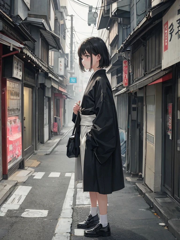 RAW Photos, One Girl, Street Corner、Low lighting, Light tones, A gentle gaze,, Foggy atmosphere, Subtle highlights, Dramatic contrast, Modern Japanese Teen Fashion,