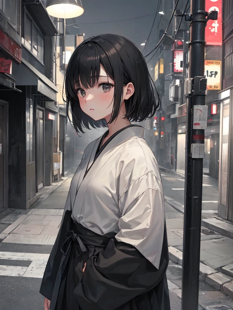RAW Photos, One Girl, Street Corner、Low lighting, Light tones, A gentle gaze,, Foggy atmosphere, Subtle highlights, Dramatic contrast, Modern Japanese Fashion,