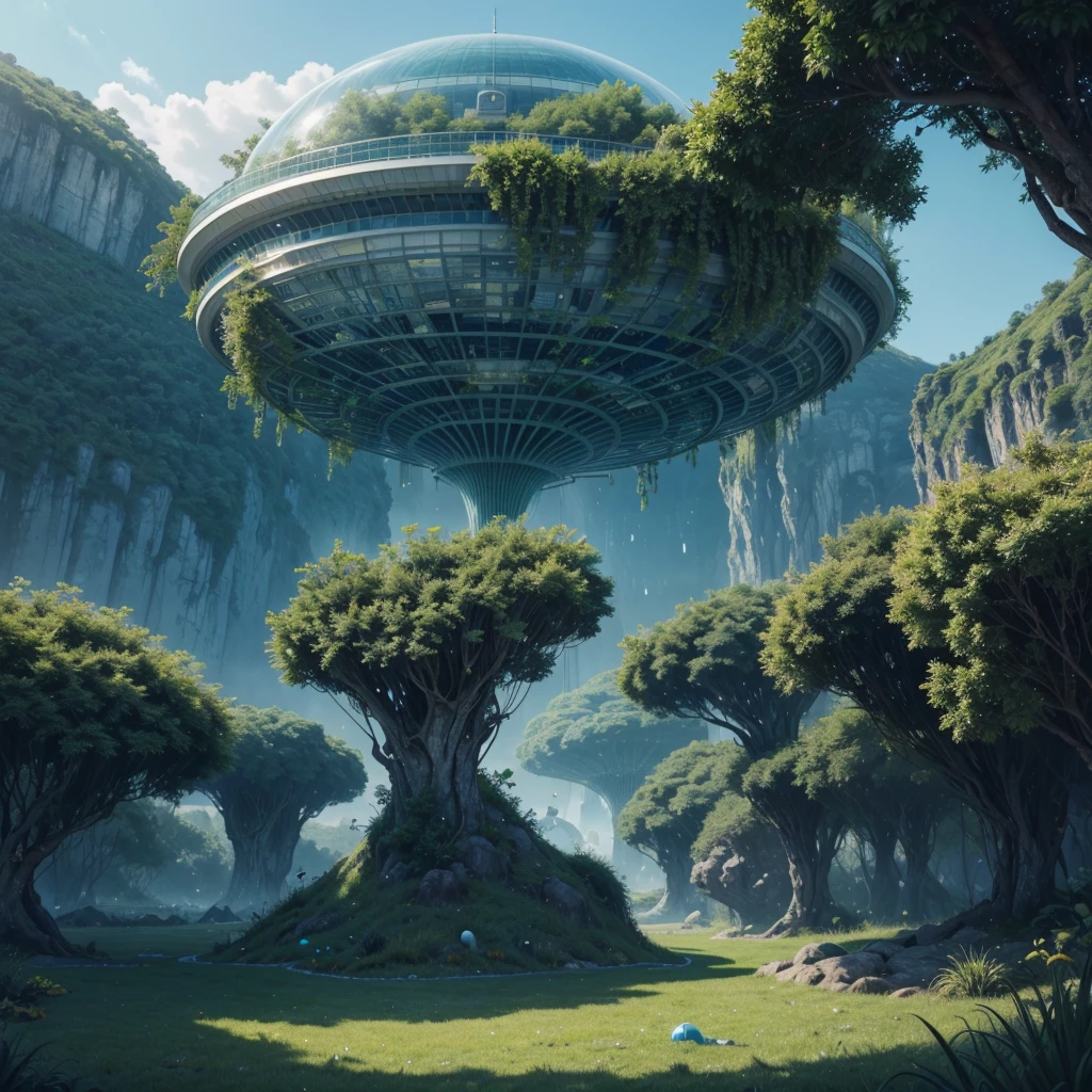 surreal landscape, floating fruit, aerostructures, bubbles, fish, lush green and blue colors, dreamlike atmosphere, photorealistic, 8k, highly detailed, masterpiece, futuristic, futuristic buildings, vivid colors, stunning lighting, cinematic, epic, mystical, ethereal, computador,anos 90,