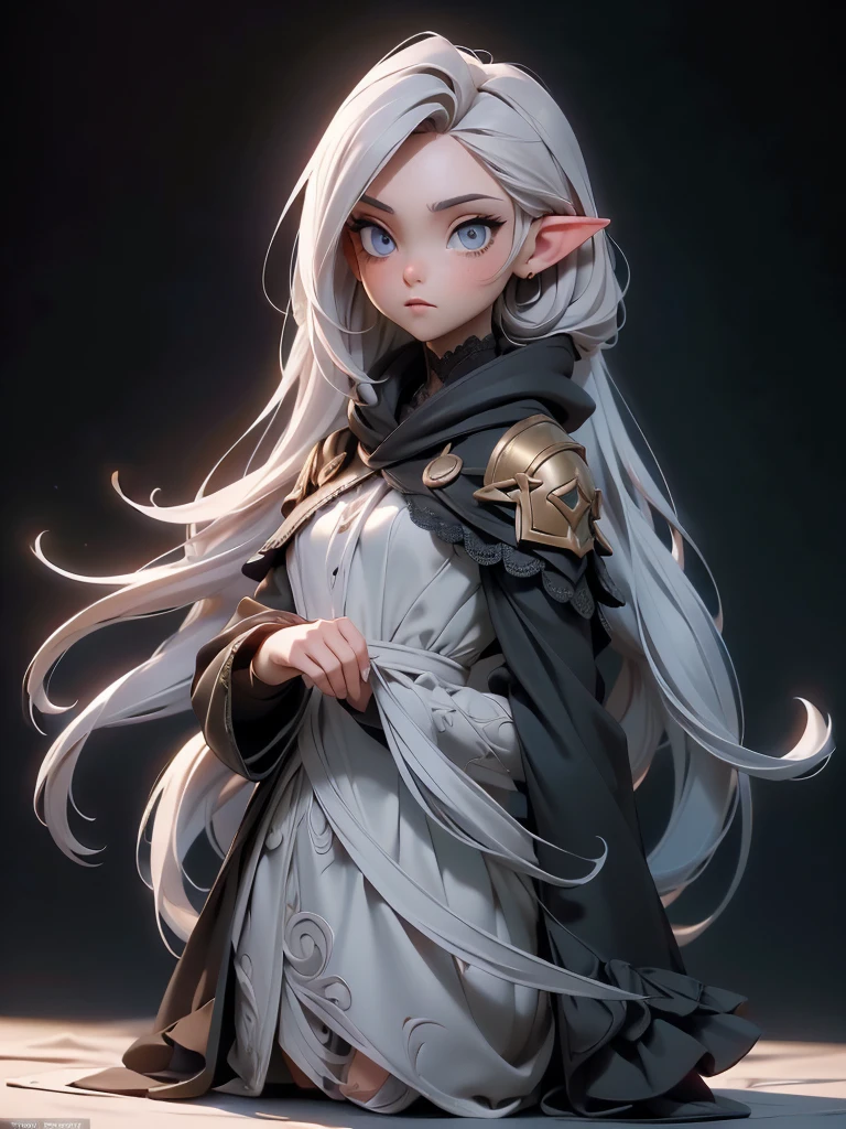 (((Best Quality))), (((Masterpiece))), (((Realistic))) ((full body shot:1.4)),White elf girl, dark grey hair color, very long flowing hair, grey eye color, small eyes, round eye shape, eyeliner, realistic face shape. black shirt, portrait, wearing a black hood, black background, Depth of Field. looking at camera, dreamy look detailed eyes, detailed face, detailed skin, Ultra Detailed, Beautiful and Aesthetic, Masterpiece, Best Quality, shoulders showing. lace fabric, round chin shape. wearing black hood over hair. showing full upper body and face. wearing a black hood, alot of flairs in background, zoomed out, black and gold. glowing.