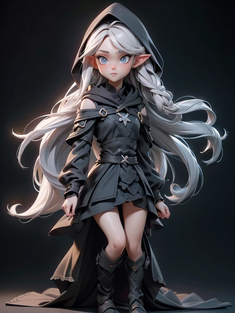 (((Best Quality))), (((Masterpiece))), (((Realistic))) ((full body shot:1.4)),White elf girl, dark grey hair color, very long flowing hair, grey eye color, small eyes, round eye shape, eyeliner, realistic face shape. black shirt, portrait, wearing a black hood, black background, Depth of Field. looking at camera, dreamy look detailed eyes, detailed face, detailed skin, Ultra Detailed, Beautiful and Aesthetic, Masterpiece, Best Quality, shoulders showing. lace fabric, round chin shape. wearing black hood over hair. showing full upper body and face. wearing a black hood, alot of flairs in background, zoomed out, black and gold. glowing.