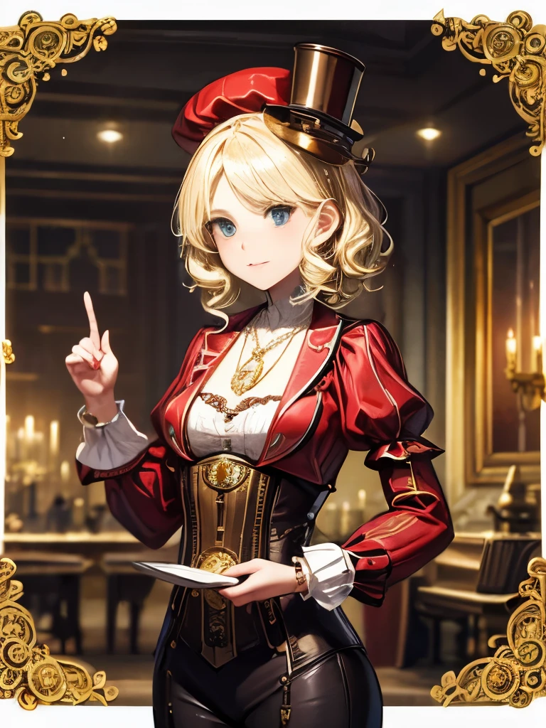 Blonde short curly girl with straight hair in a small red hat, Necklace Watches, (Victorian era), ((steampunk)), photograph, worked, elegant, Scrupulous, grow, Maximum details, Extremely aesthetic, Exquisitely crafted, Lots of gear, Old town background