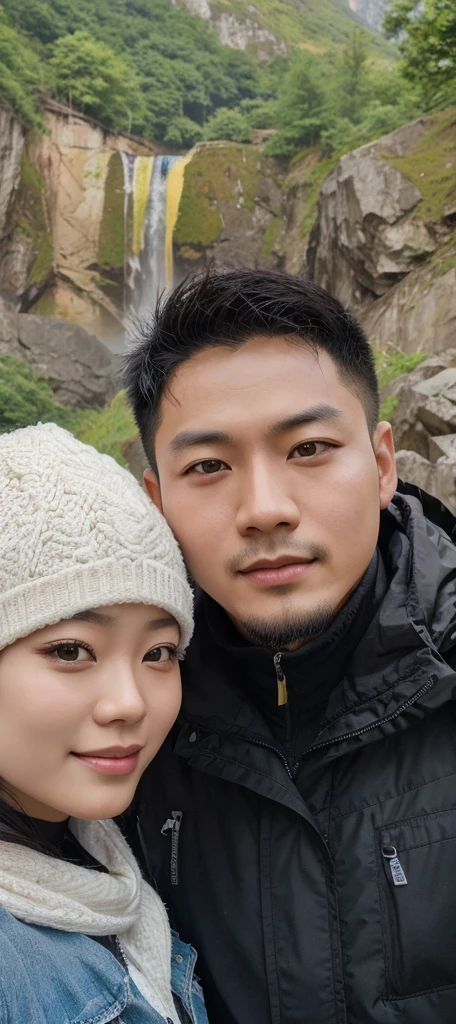 there is a man and woman taking a selfie in front of a waterfall, ruan jia and fenghua zhong, ruan jia and brom, liang mark, photo taken in 2 0 2 0, with mountains in the background, zeng fanzh, 8k selfie photograph, xiang duan, xintong chen, leng Jun. Make the two character like anime looks but the looks shouldn't be unrealistic keep the original look but sort of anime look