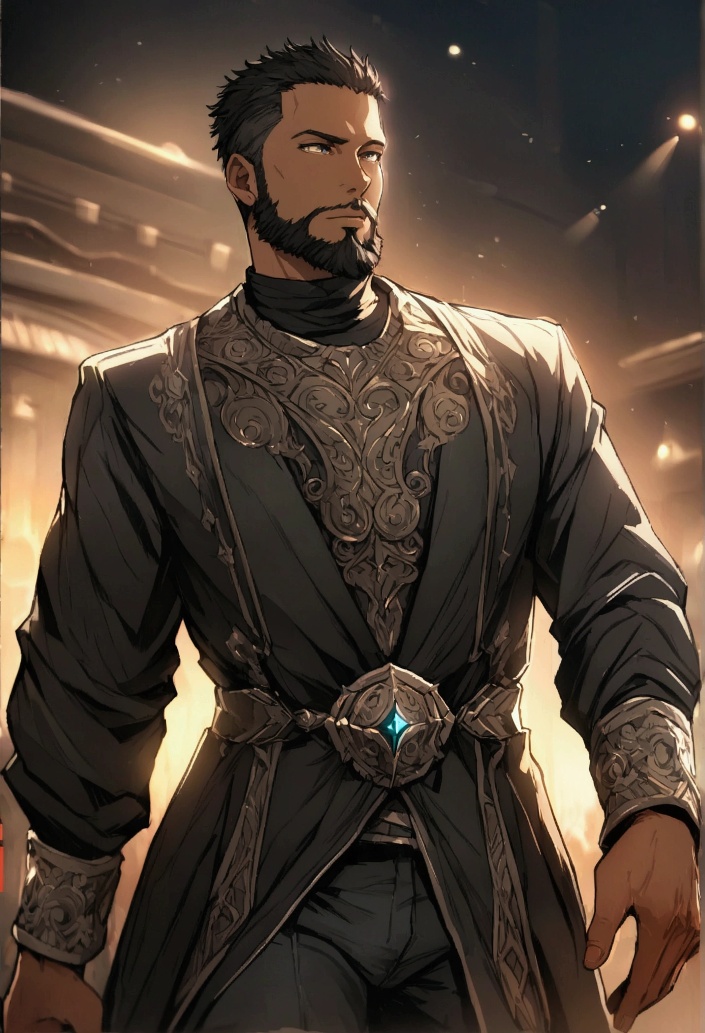 1 African American boy, Cowboy shots by re8dfield, beard, beard, Black coat, turtleneck sweater, Volumetric Lighting, best quality, masterpiece, Intricate details, Tone Mapping, Clear focus, Ultra Detailed, Popular on ArtStation, Looking at the audience, Practical 