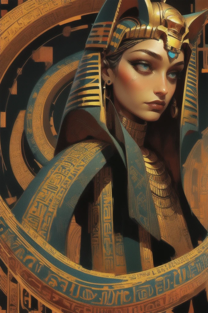 egyptian god, expressive monochromatic glitch art, spirals and curves, geometric patterns