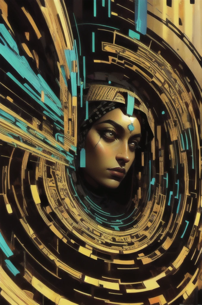 egyptian god, expressive monochromatic glitch art, spirals and curves, geometric patterns