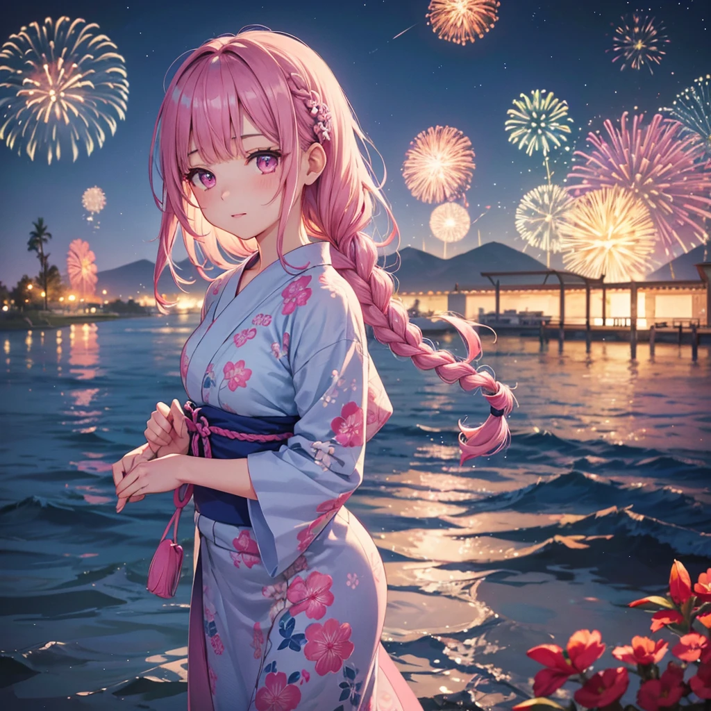 Sky Blue Medium Hair, (Braided hair),(Pink Eyes),Fair skin ,(whole body),(1 girl)、Floral Yukata、summer night、Fireworks on the lake、Big fireworks、Straight bangs,(masterpiece, Highest quality, Very detailed, Best Shadow), (Detailed Background), (Beautifully detailed face), High Contrast, (Best lighting, Very delicate and beautiful), ((Cinematic Light)), colorful, Hyper Detail 8k, Dramatic Light, Intricate details,Fireworks light reflected on the water